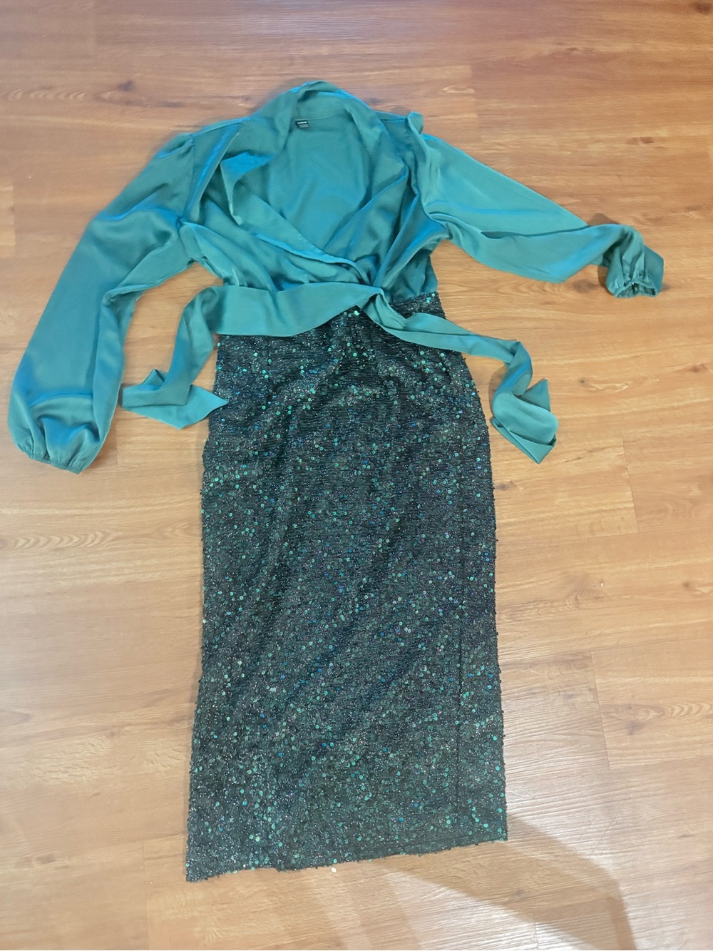 SHEIN Teal Wrap Chiffon Top with Emerald Sequin Skirt Maxi Dress